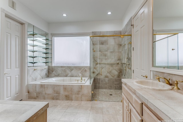 9 Waldenshire, San Antonio, TX 78209 - full bathroom featuring a bath, visible vents, a shower stall, vanity, and recessed lighting