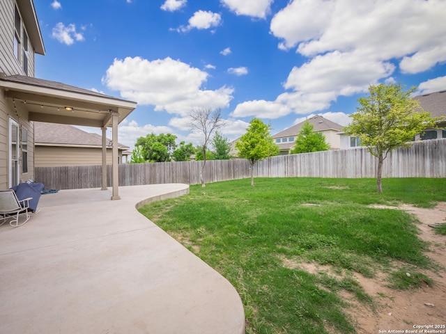 view of yard featuring a fenced backyard and a patio
