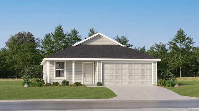 ranch-style home featuring driveway, roof with shingles, a front lawn, and a garage