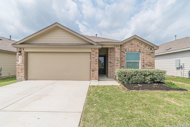 ranch-style house featuring concrete driveway, a front lawn, brick siding, and an attached garage
