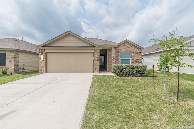 ranch-style house featuring a front lawn, brick siding, driveway, and a garage