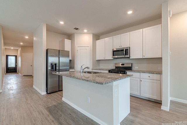 kitchen with white cabinetry, stainless steel appliances, visible vents, and a sink