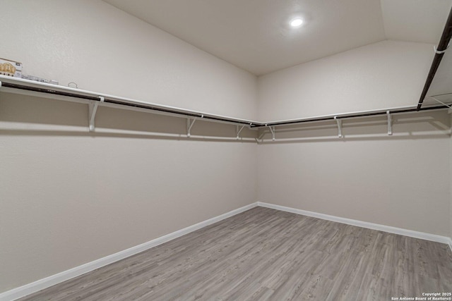 spacious closet featuring vaulted ceiling and wood finished floors