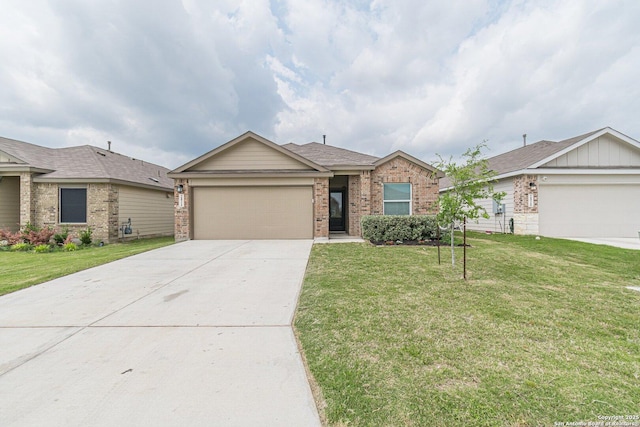 ranch-style home featuring concrete driveway, a garage, brick siding, and a front yard