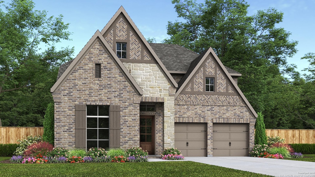 209 Farming Grv, Boerne, TX 78006 - view of front of property featuring stone siding, a garage, fence, concrete driveway, and roof with shingles
