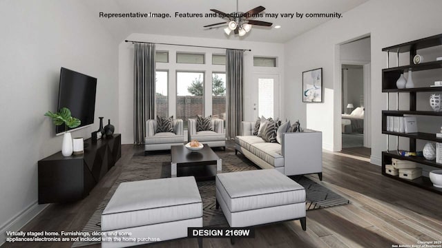 12949 Gilmore Bnd, San Antonio, TX 78245 - living room featuring baseboards, wood finished floors, and a ceiling fan