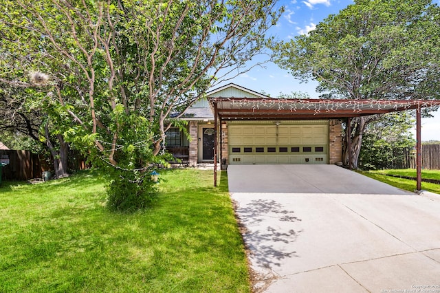 view of front of property featuring brick siding, fence, an attached garage, concrete driveway, and a front lawn