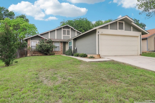 craftsman house featuring brick siding, fence, an attached garage, concrete driveway, and a front yard