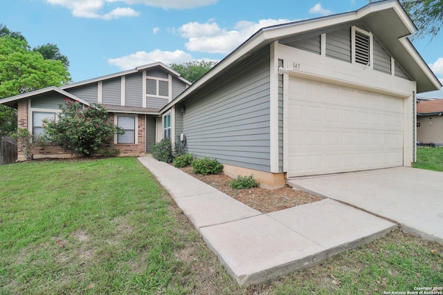 view of front of home featuring concrete driveway, a front yard, brick siding, and a garage