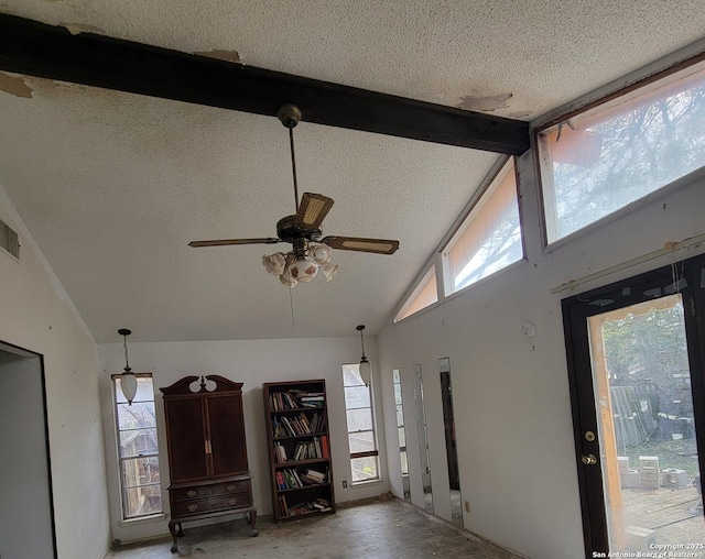 detailed view of a textured ceiling and a ceiling fan