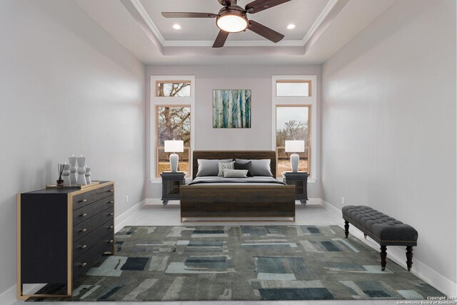 bedroom featuring baseboards, ornamental molding, a tray ceiling, and recessed lighting