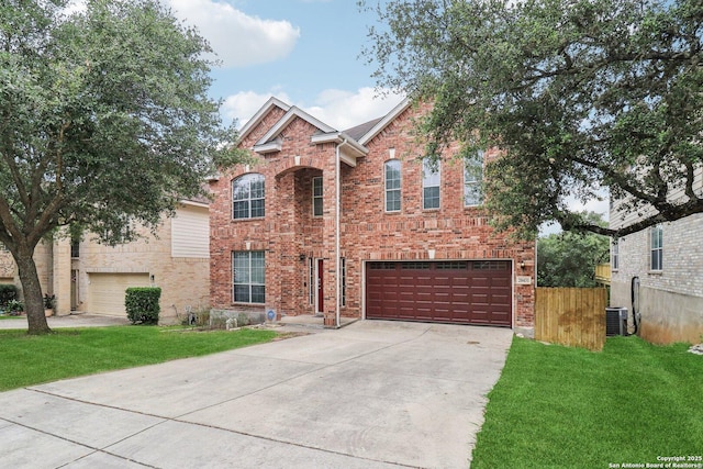 20431 Cliff Park, San Antonio, TX 78258 - traditional-style home with concrete driveway, a garage, central air condition unit, and brick siding