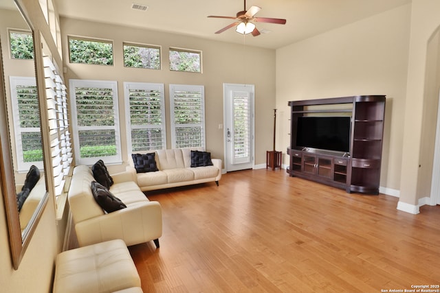 8250 Cruiseship Bay Unit, San Antonio, TX 78255 - living room with light wood-style floors, visible vents, baseboards, and ceiling fan