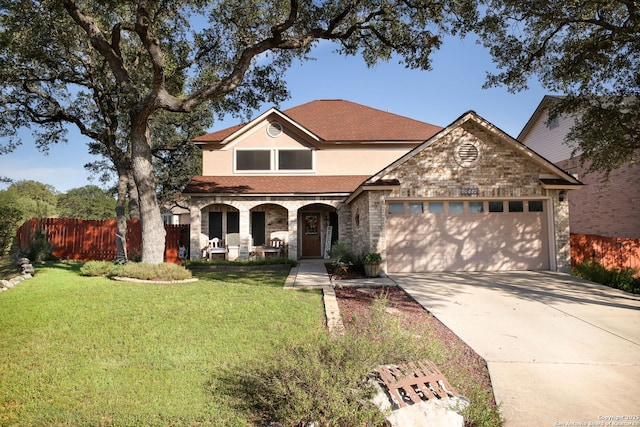18554 Taylore Run, San Antonio, TX 78259 - traditional-style home with a porch, an attached garage, concrete driveway, roof with shingles, and stucco siding