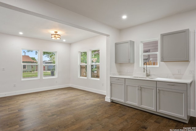 1030 Elsmere, San Antonio, TX 78201 - kitchen featuring a sink, recessed lighting, dark wood finished floors, gray cabinetry, and baseboards