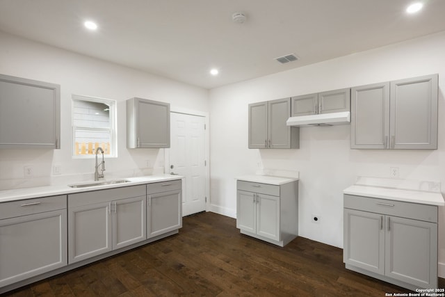 1030 Elsmere, San Antonio, TX 78201 - kitchen with light countertops, a sink, dark wood finished floors, visible vents, and gray cabinetry
