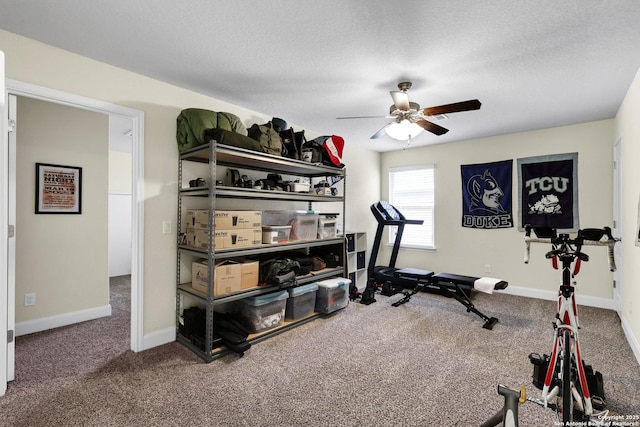exercise room featuring carpet flooring, ceiling fan, and a textured ceiling