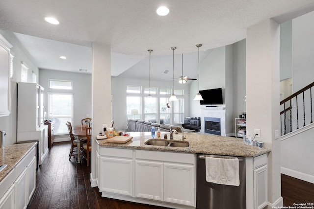 kitchen with a ceiling fan, stainless steel dishwasher, a sink, open floor plan, and dark wood-style floors