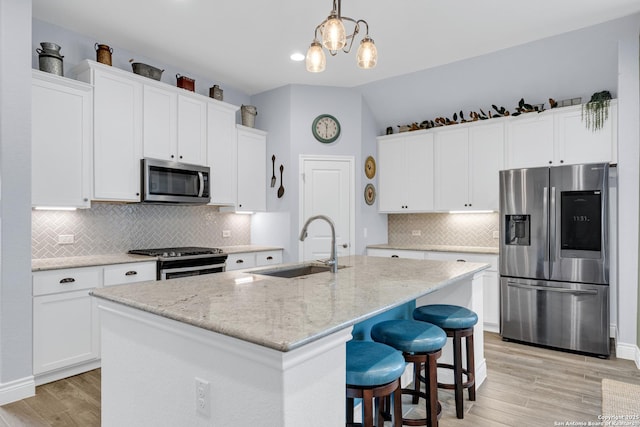kitchen featuring a sink, decorative backsplash, light wood-style floors, white cabinets, and appliances with stainless steel finishes