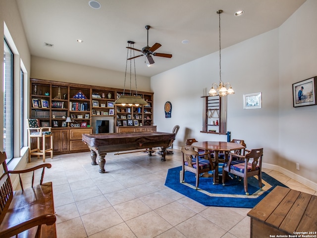 interior space with a healthy amount of sunlight, recessed lighting, visible vents, a ceiling fan, and light tile patterned floors