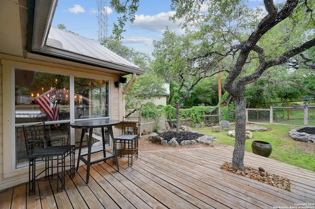 deck with a lawn and a fenced backyard