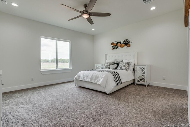 109 Hidden Hls, Floresville, TX 78114 - bedroom featuring visible vents, recessed lighting, carpet floors, a ceiling fan, and baseboards