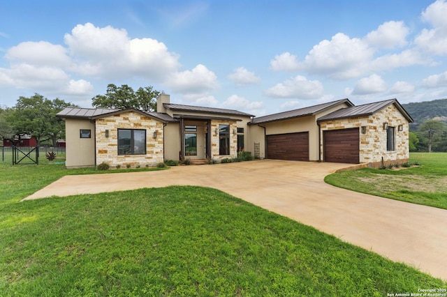 821 Bingham Ln, New Braunfels, TX 78132 - prairie-style home featuring metal roof, a standing seam roof, stone siding, and fence