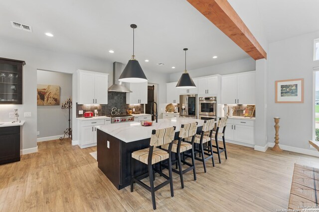 821 Bingham Ln, New Braunfels, TX 78132 - kitchen with stainless steel appliances, visible vents, backsplash, wall chimney range hood, and light countertops