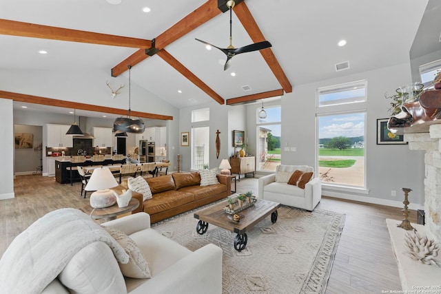 821 Bingham Ln, New Braunfels, TX 78132 - living room with light wood-style flooring, beamed ceiling, baseboards, and visible vents