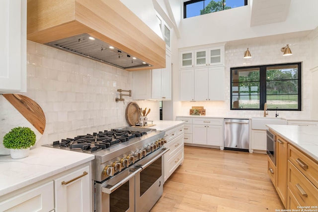 kitchen with custom exhaust hood, tasteful backsplash, appliances with stainless steel finishes, and a sink