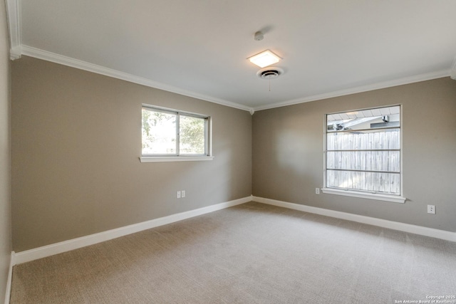 carpeted empty room featuring crown molding, visible vents, and baseboards
