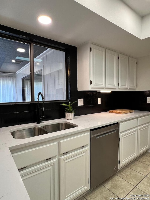 10106 Grand Park, San Antonio, TX 78239 - kitchen with a sink, white cabinetry, decorative backsplash, and dishwasher