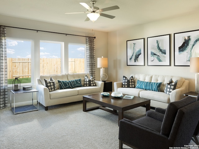 4539 Appaloosa Crst, San Antonio, TX 78245 - living room with carpet flooring and ceiling fan