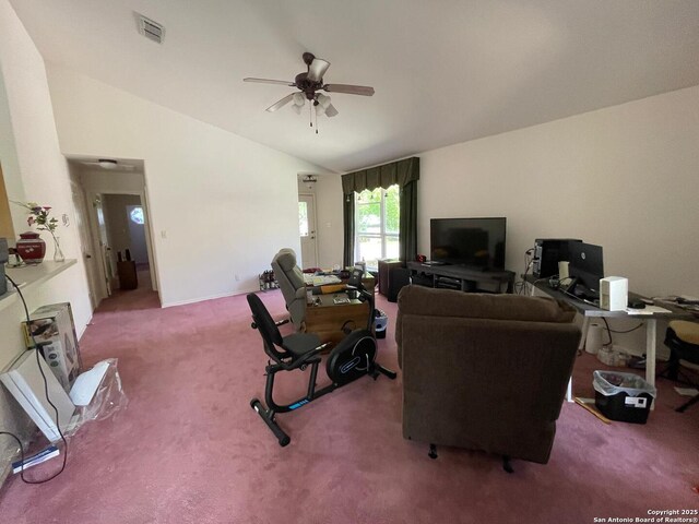 458 Vicksburg, Kerrville, TX 78028 - carpeted living area with vaulted ceiling, ceiling fan, and visible vents