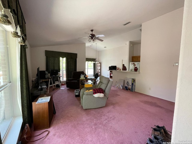 458 Vicksburg, Kerrville, TX 78028 - living area with a ceiling fan, lofted ceiling, visible vents, and carpet floors