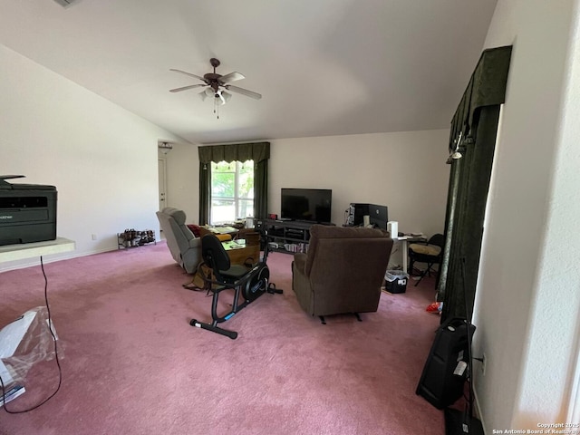458 Vicksburg, Kerrville, TX 78028 - carpeted living room featuring a ceiling fan and vaulted ceiling