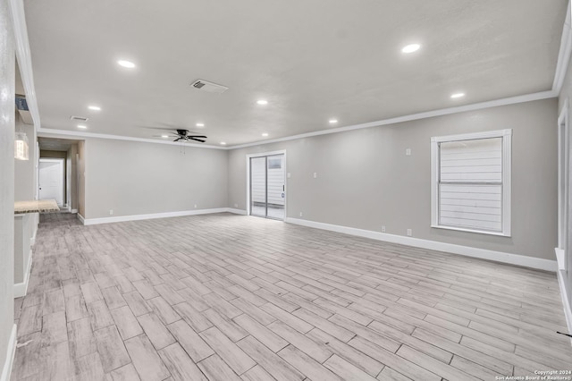 unfurnished room featuring baseboards, recessed lighting, ceiling fan, and crown molding