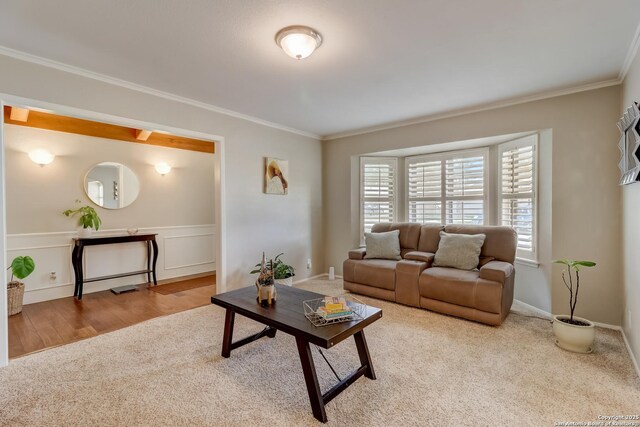 living room featuring ornamental molding and wainscoting