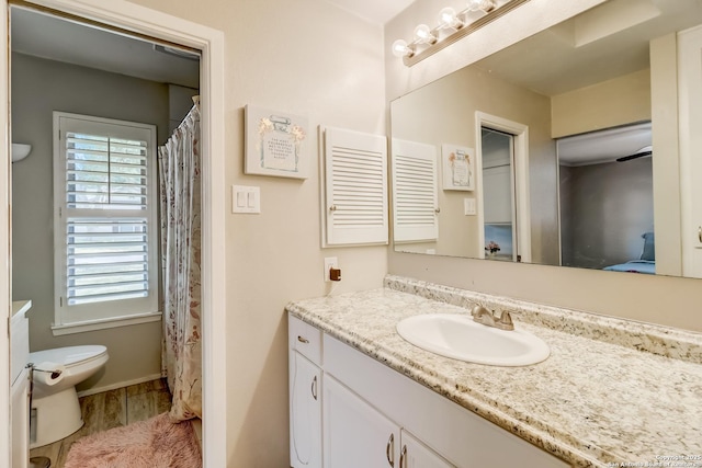 full bath featuring wood finished floors, toilet, and vanity