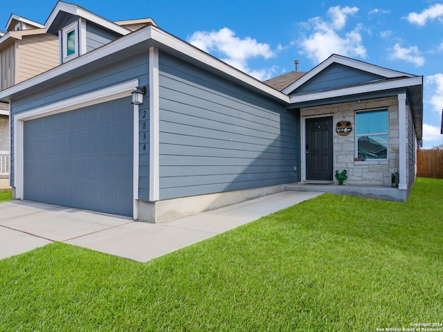 2834 Millikan Dr, Converse, TX 78109 - single story home featuring concrete driveway, stone siding, a front lawn, and an attached garage