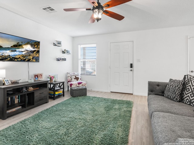 2834 Millikan Dr, Converse, TX 78109 - living area featuring baseboards, a ceiling fan, visible vents, and light wood-style floors