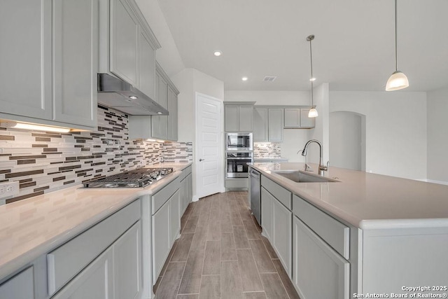 5303 Pinder Way, Schertz, TX 78108 - kitchen featuring under cabinet range hood, light wood finished floors, a sink, tasteful backsplash, and appliances with stainless steel finishes