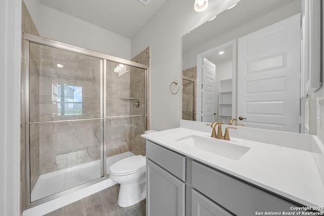 5303 Pinder Way, Schertz, TX 78108 - bathroom featuring a shower stall, vanity, and toilet