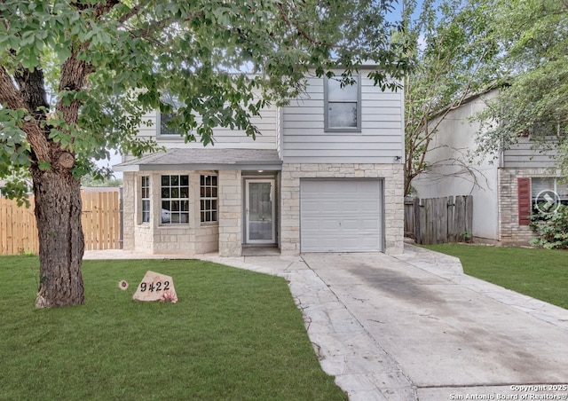 traditional-style home with stone siding, driveway, fence, and a front yard