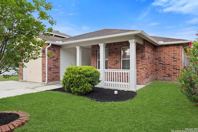 view of property exterior with a porch, an attached garage, brick siding, concrete driveway, and a lawn