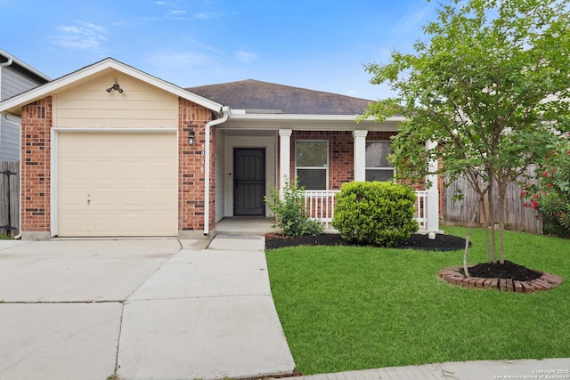 single story home featuring a front lawn, a porch, brick siding, and fence