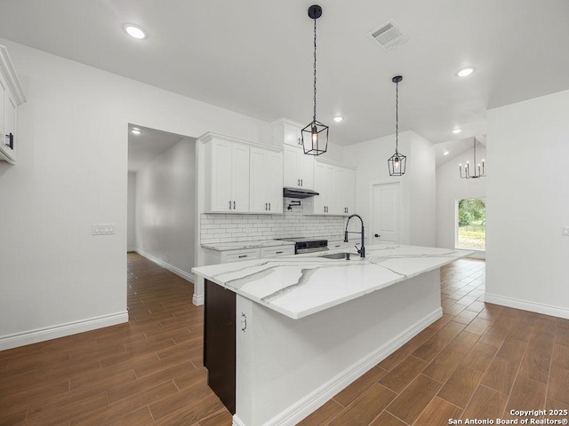 kitchen featuring baseboards, dark wood-style flooring, a sink, stainless steel range with electric cooktop, and backsplash