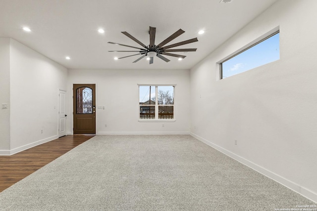 foyer with baseboards, a healthy amount of sunlight, recessed lighting, and a ceiling fan