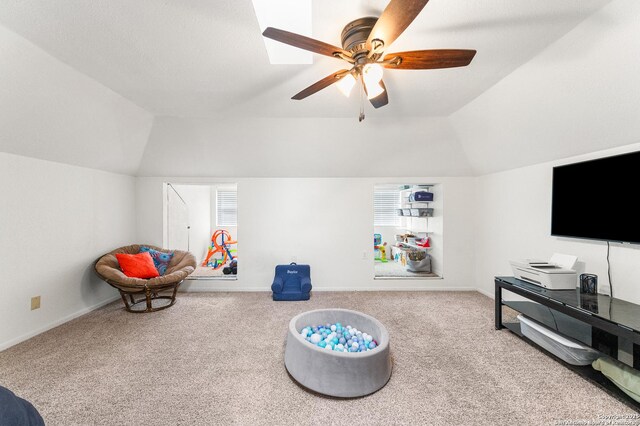 503 Lower Lacoste, Castroville, TX 78009 - playroom featuring carpet flooring, a ceiling fan, and lofted ceiling