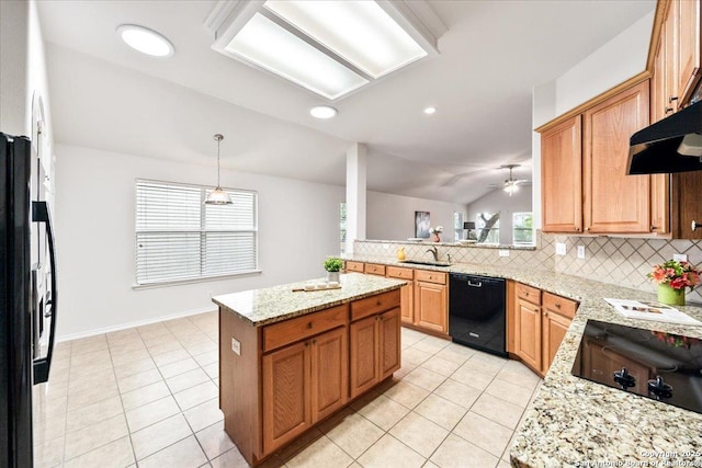 kitchen featuring backsplash, black appliances, light stone countertops, and light tile patterned flooring